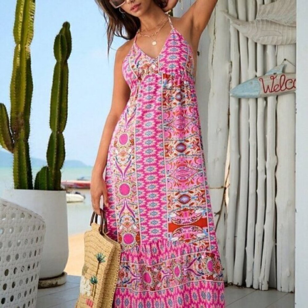 Pink Boho Womens Allover Print Tie Backless Ruffle Hem Halter Dress